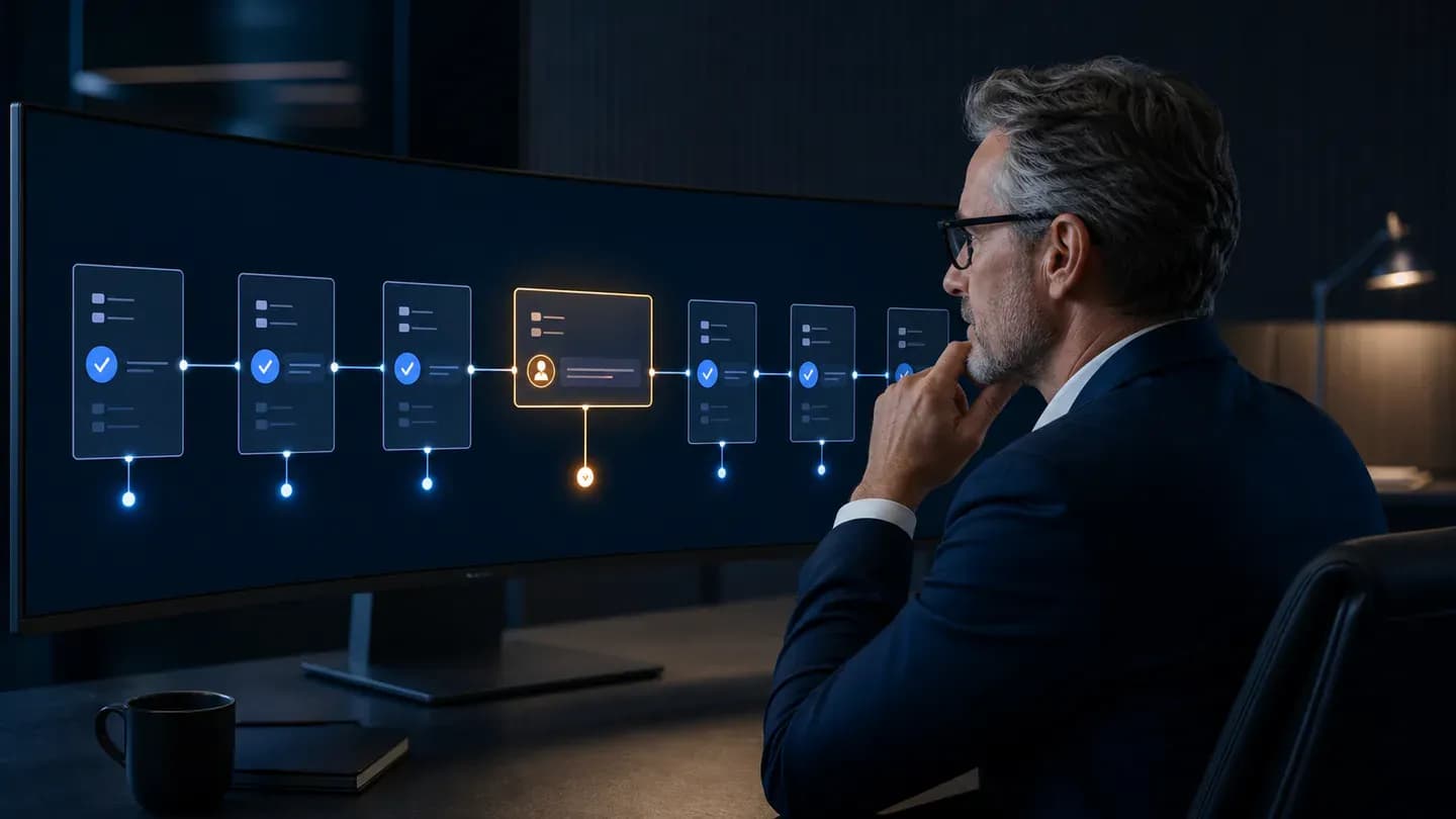 Compliance professional reviewing a governed digital approval workflow with recorded decision checkpoints.