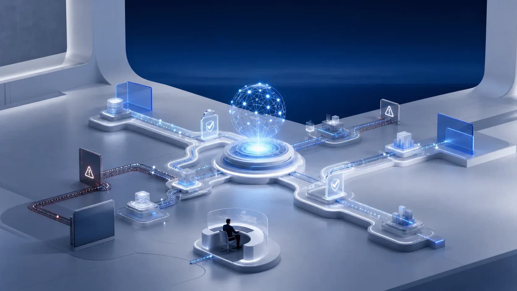 Governed AI orchestration hub coordinating workflow paths, approval gates, exceptions, systems, and human oversight.