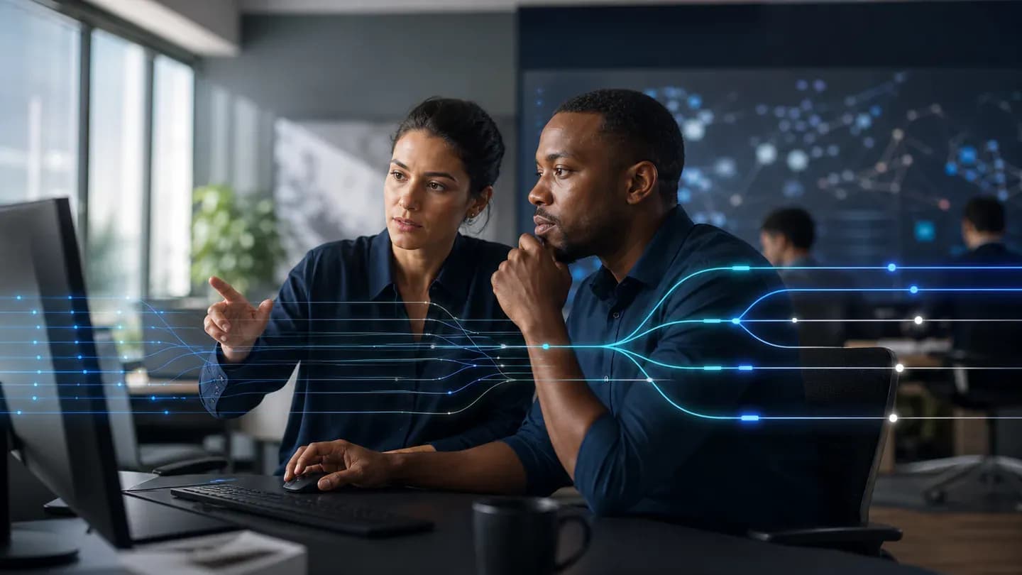 Two operations specialists reviewing an AI-assisted customer-service routing flow.