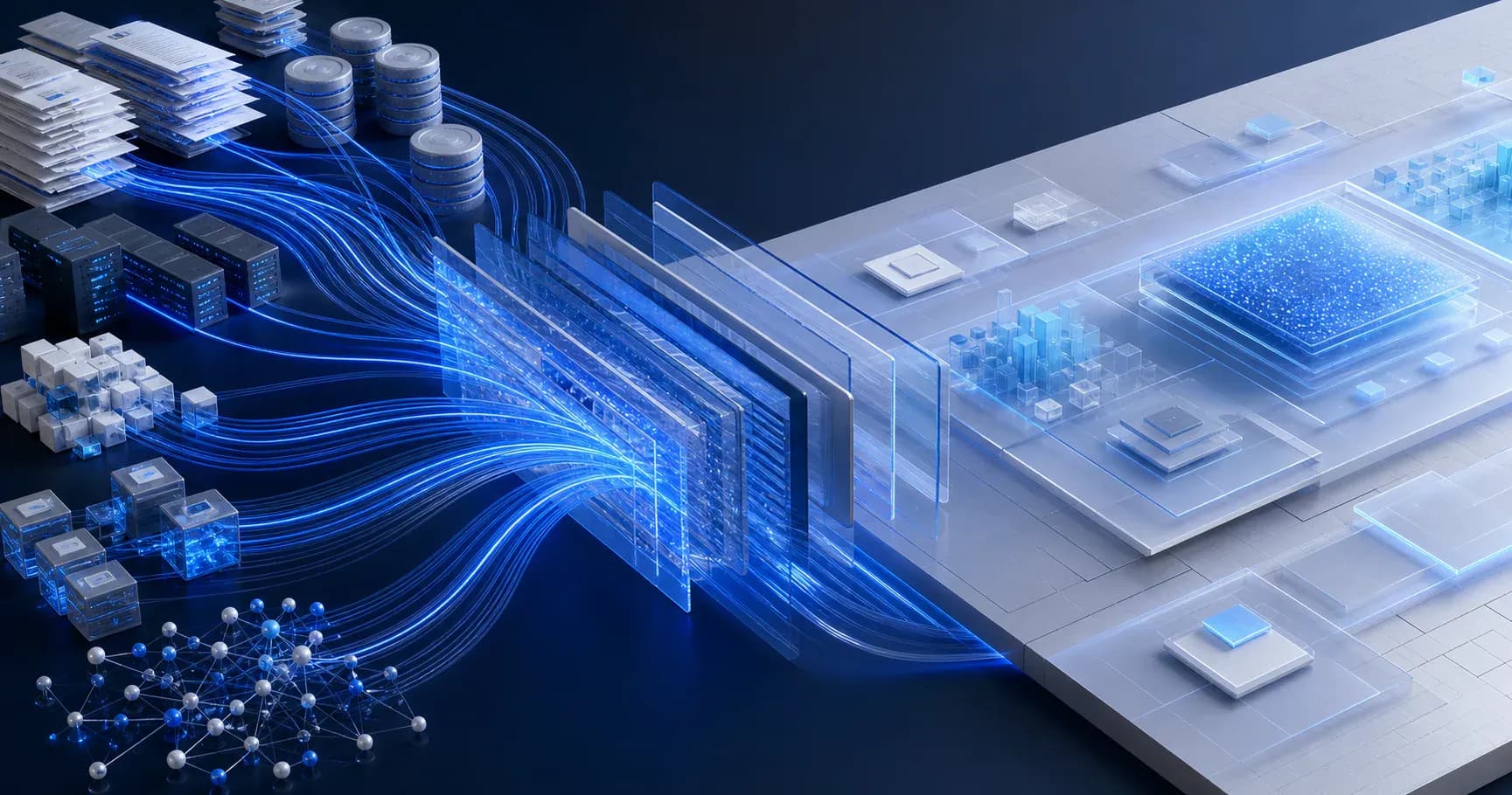 Enterprise documents, systems, databases, and APIs passing through layered integration controls into trusted context.